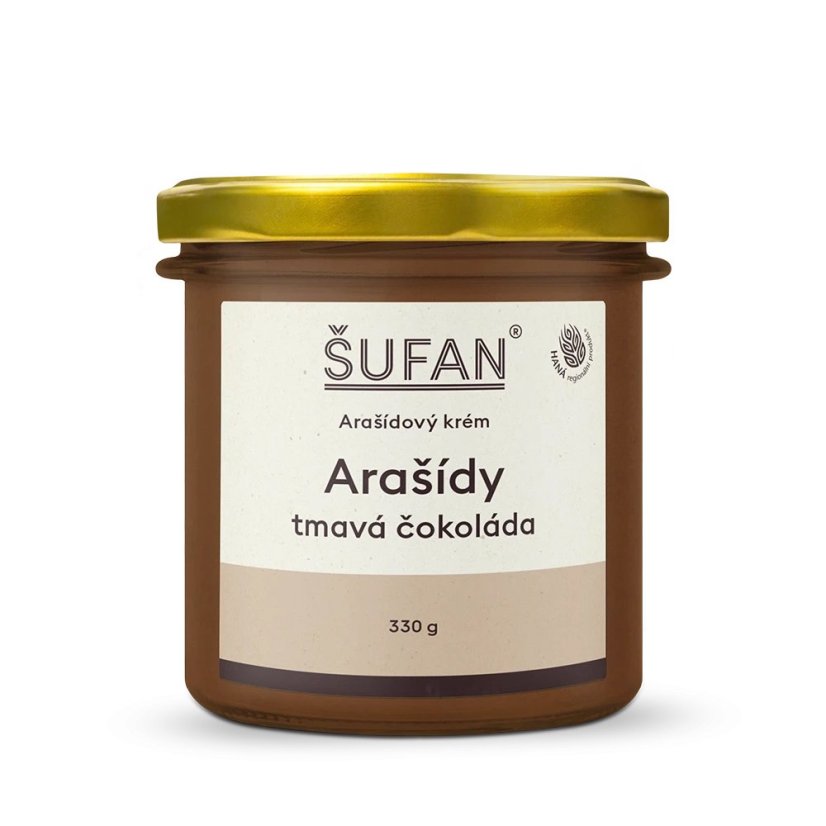 Spoon peanut-chocolate spread in a glass jar with a golden lid