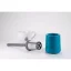 Easily collapsible plastic strainer with a blue container suitable for travel, and a white cup with a logo in the background