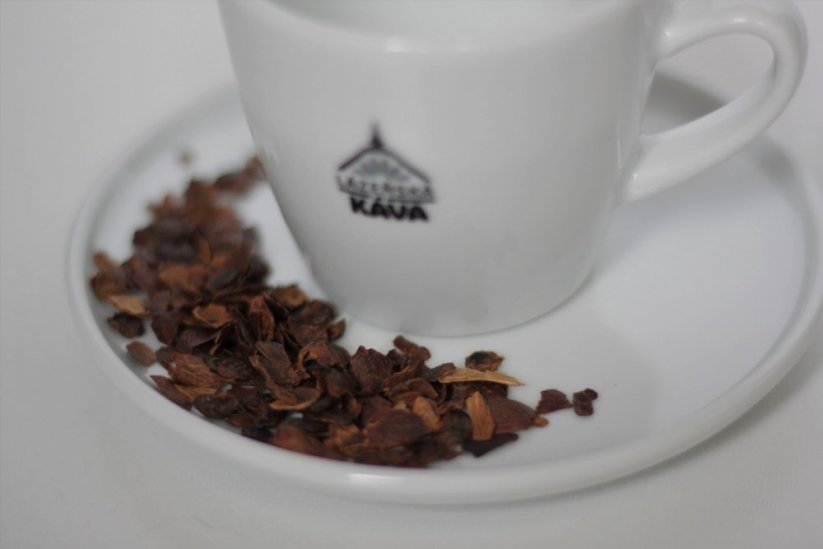 Cascara on a saucer with Spa Coffee.