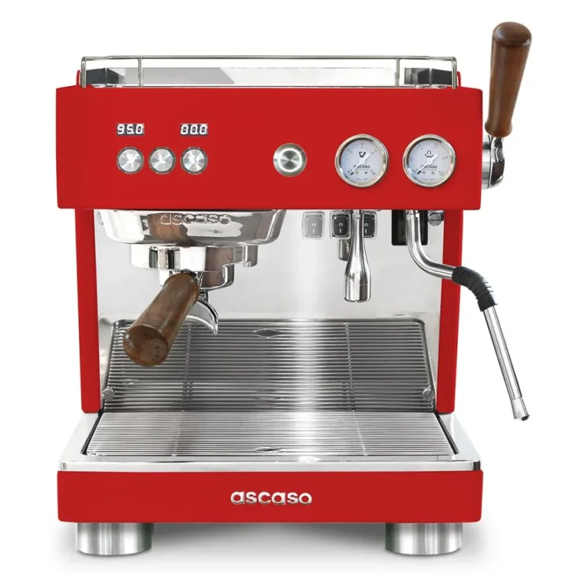 Red Ascaso Baby T coffee machine with wooden accents.