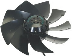 Axialventilator ouni Kader mat aacht schwaarze Schaufelen ronderëm engem ronde Motor mat grénge Schëld.