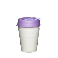 White stainless steel thermal mug in white with a purple lid from Keepcup. White stainless steel thermal mug in white with a purple lid from Keepcup.