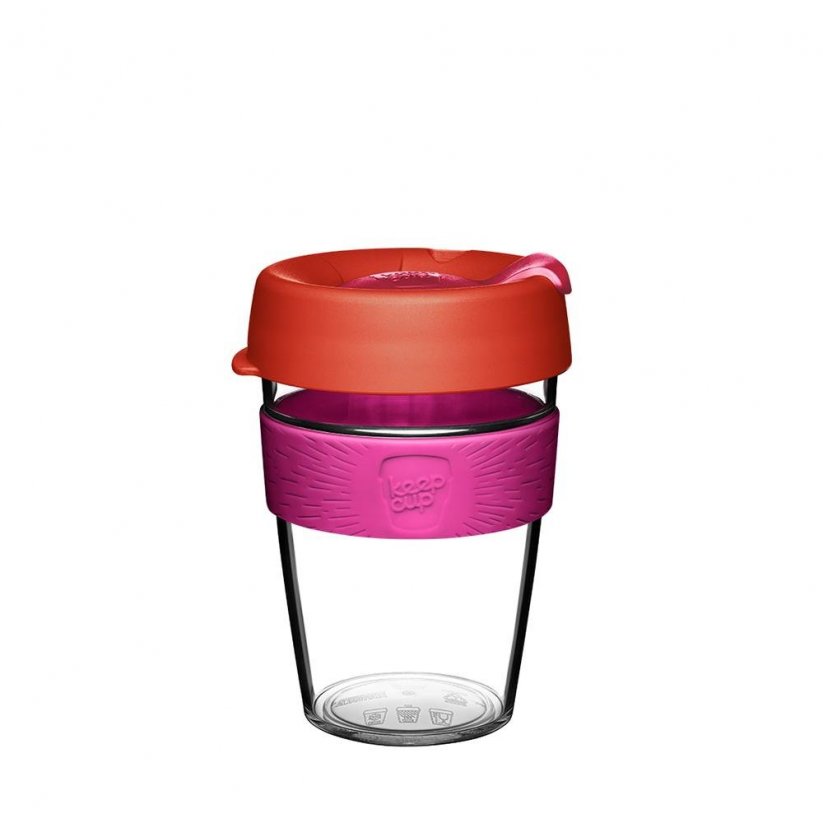 Keepcup coffee mug with transparent plastic body and red lid.