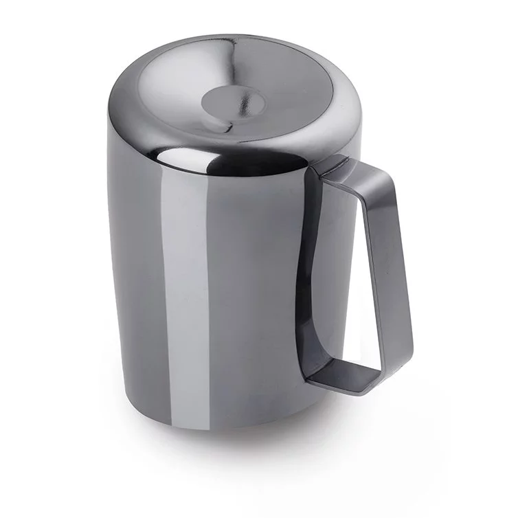 Black barista milk frothing pitcher with a capacity of 600 ml, pitcher placed with the bottom up
