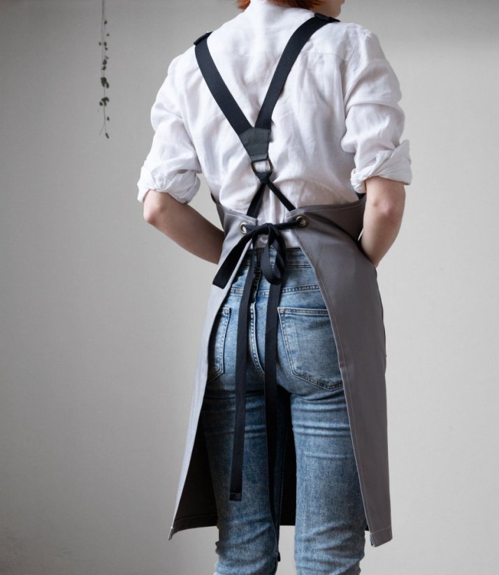 View of a tied grey barista apron