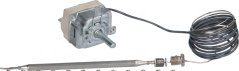 Eenfase Thermostat mat engem Metallkierper an engem schwaarze Kapillarkabel déngt opgerullt, d'Sond mat engem Messing-Gewend um Enn. Eenfase Thermostat mat engem Metallkierper an engem schwaarze Kapillarkabel déngt opgerullt, d'Sond mat engem Messing-Gewend um Enn.
