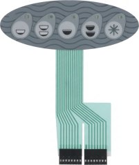 PVC Tastatur Sofia mat Stecker, gro Plastik-Bedéngungstastatur mat Kaffi-Taass-Piktogrammer an engem flaachen Kabel mat zwee Steckeren PVC Tastatur Sofia mat Stecker, gro Plastik-Bedéngungstastatur mat Kaffi-Taass-Piktogrammer an engem flaachen Kabel mat zwee Steckeren