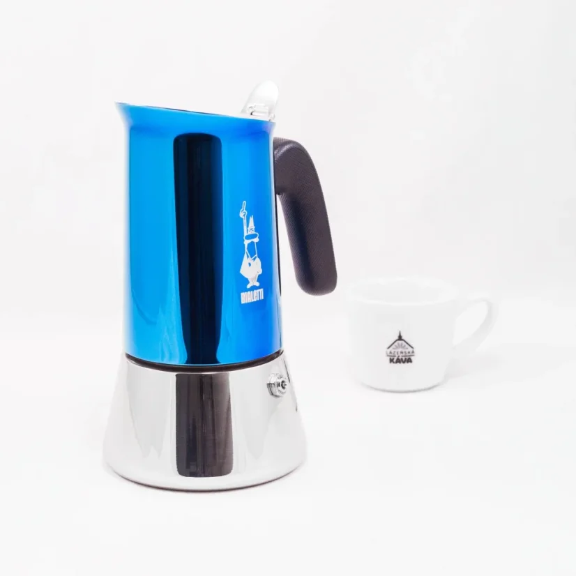 Bialetti New Venus Blue moka pot with a 6-cup capacity, suitable for heating on induction cooktops.