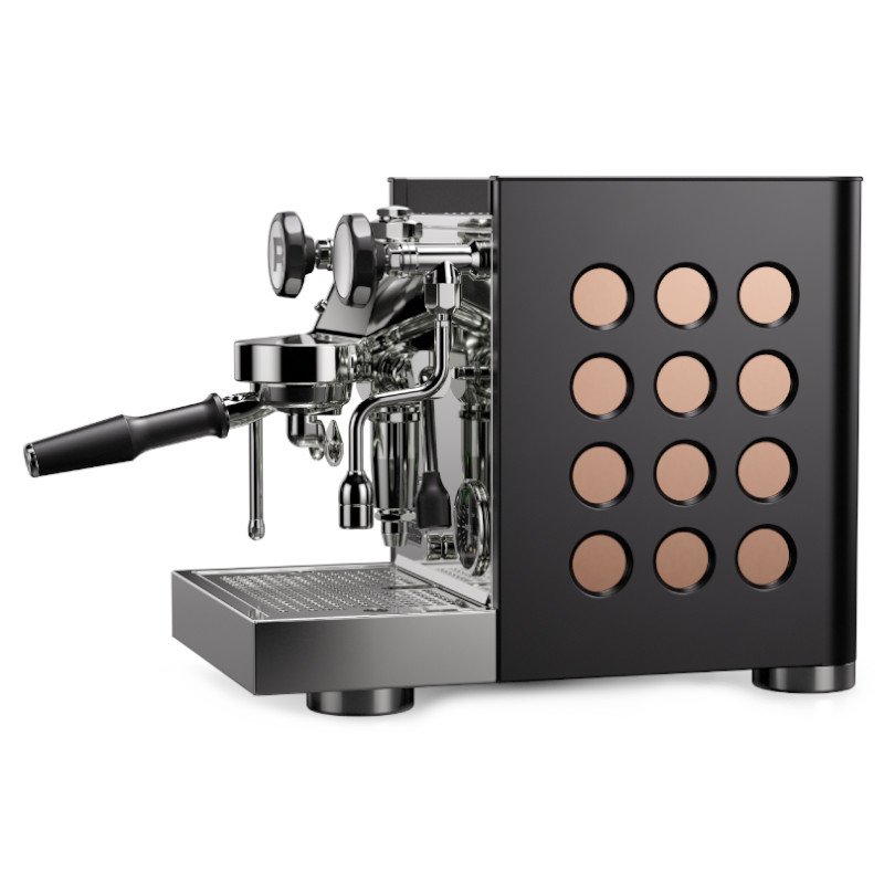 Espressor manual negru/aramiu Rocket Espresso Appartamento TCA, văzut din lateral.