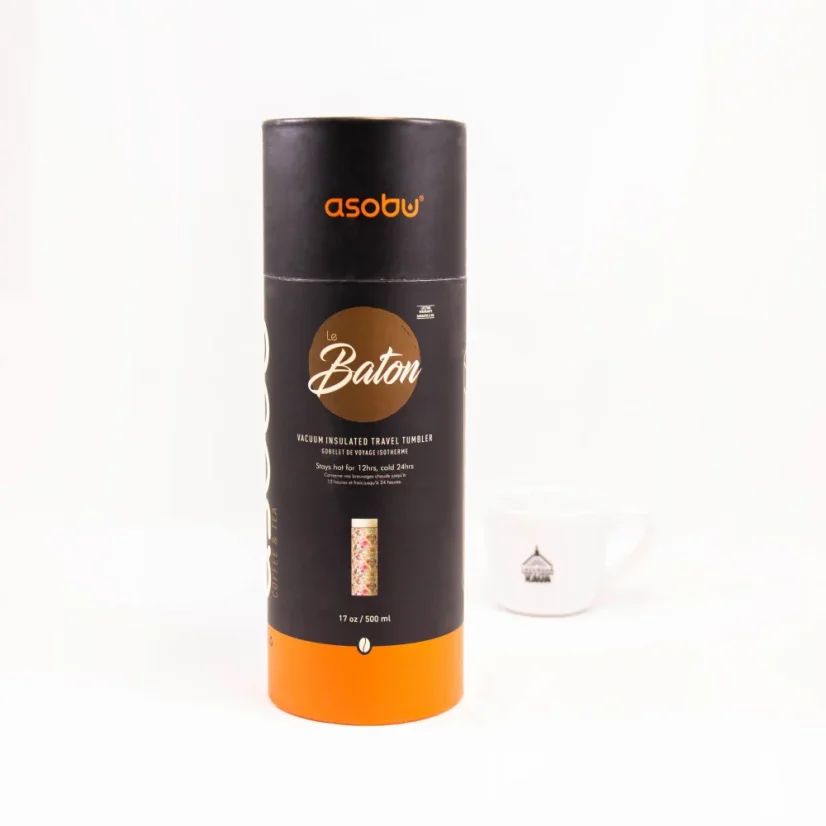 White Asobu Le Baton Floral 500 ml travel mug with floral pattern, ideal for travel.