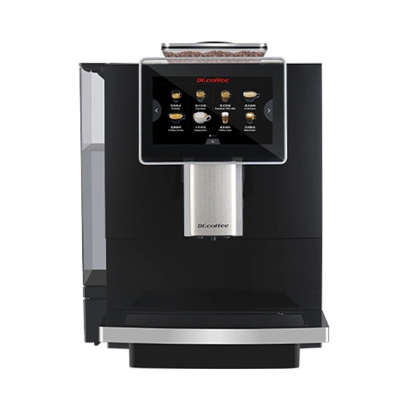 Profesionálny automatický kávovar Dr. Coffee F10 v čiernej farbe, vyrobený z plastu.