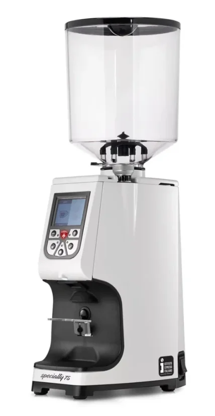 Biely elektrický mlynček na kávu Eureka Atom Specialty 75 s integrovaným displejom pre ľahké ovládanie.