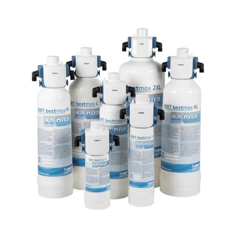Sieben BWT Bestmax Wasserfilterkartuschen unterschiedlicher Größe.
