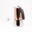 Moka pot Bialetti New Venus for 6 cups on a white background with a cup of coffee, rear view