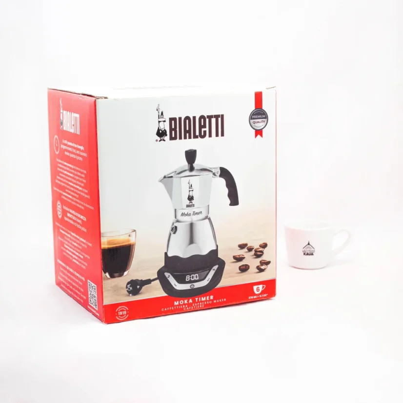 Silberne Bialetti Moka Timer Kaffeemaschine für 6 Tassen Kaffee mit einem Volumen von 300 ml.