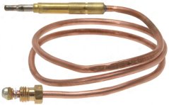 Thermoelement mat enger méi kuerzer opgerollter Kupferleedung, engem Messing-Bolzespëtzt an engem Schraufenn mat Gewënn.