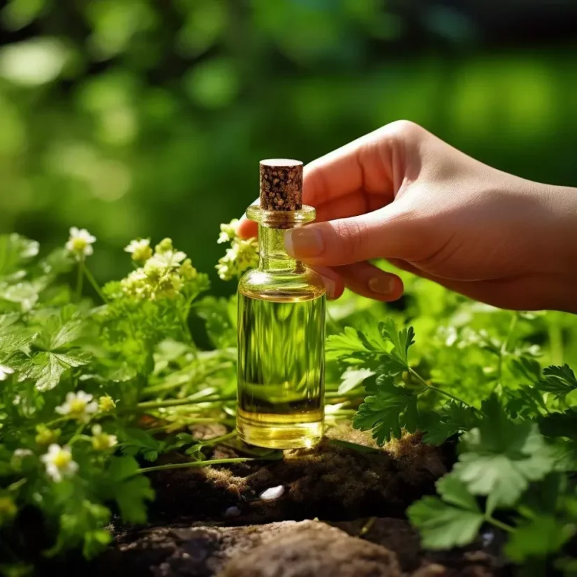 Glass bottle with 10 ml of 100% natural coriander essential oil, perfect for use in the summer months.