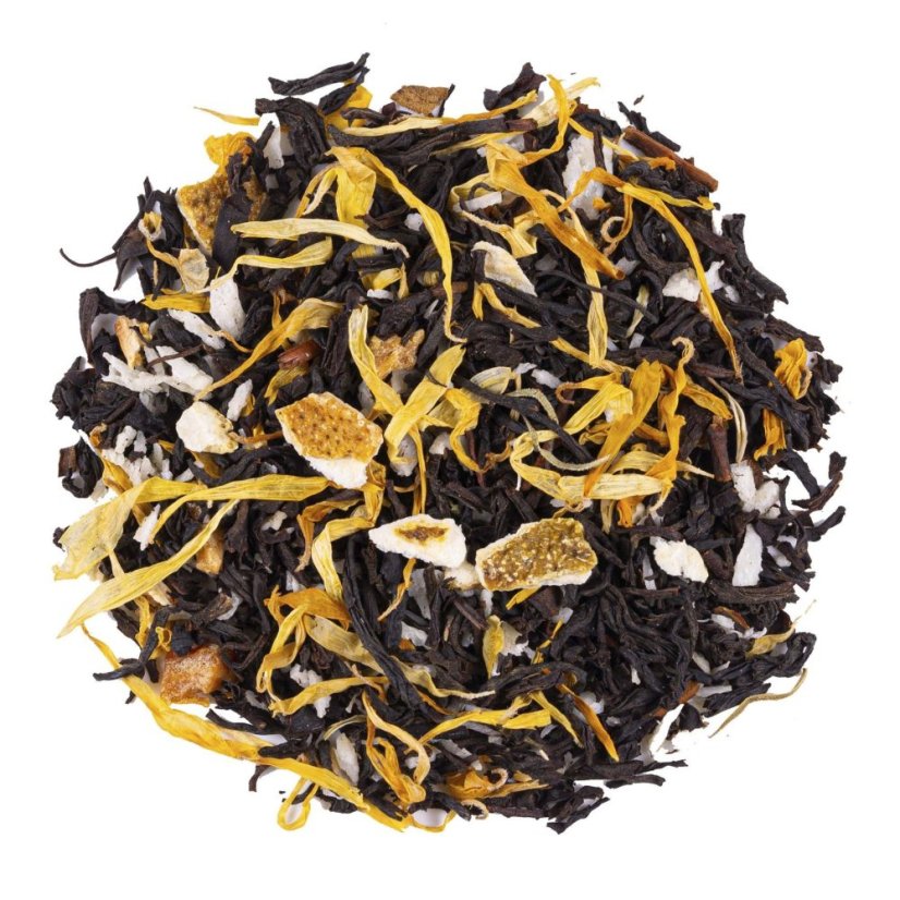 Čierny čaj BIO Coconut Kissed Orange ponúka osviežujúcu ovocnú arómu s nádychom kokosového orecha.
