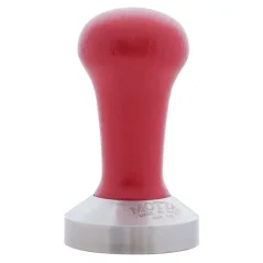 Handheld Motta 53 mm coffee tamper in red, made of stainless steel.