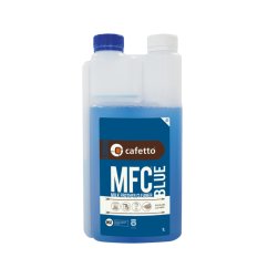 Płyn czyszczący do układu mlecznego w plastikowym opakowaniu z kolorowym nadrukiem i dozownikiem