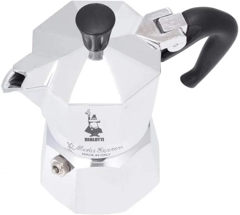Bialetti moka argentée avec poignée noire pour 3 tasses sur un fond blanc, vue de dessus.