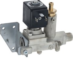 Elektromagnetescht Zoulafventil mat schwaarzer Spull uewen an engem Messingkierper mat Schlaucholiff