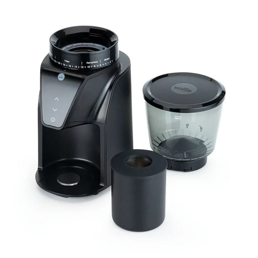 Electric grinder Wilfa Balance CG1B-275 shown disassembled into components.