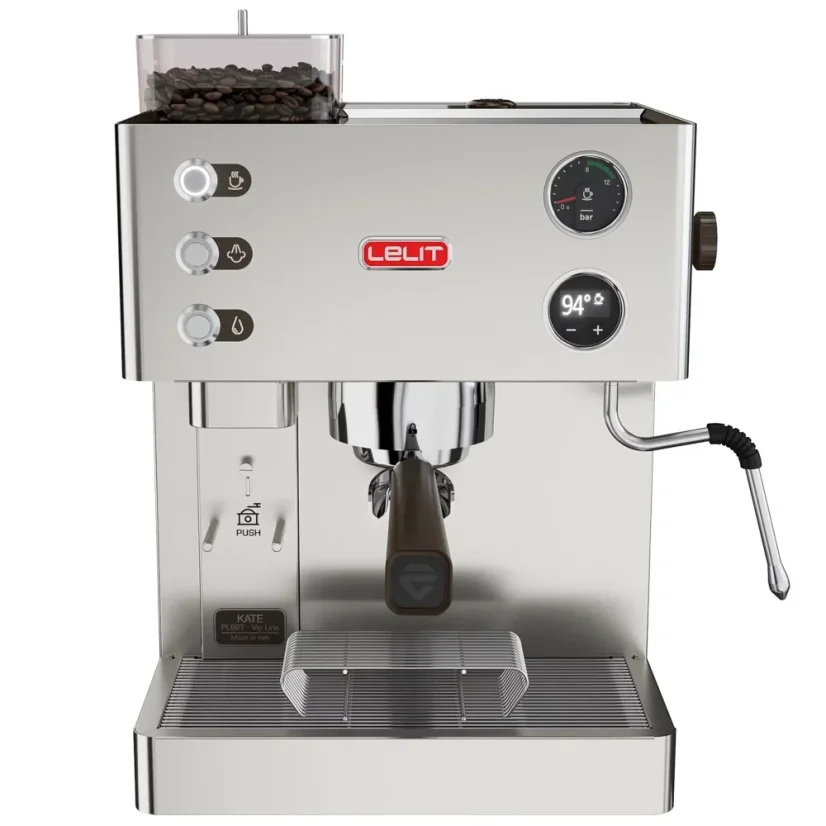 Lelit Kate PL82T espresso machine, ideal for home use, equipped with a manual cleaning function.
