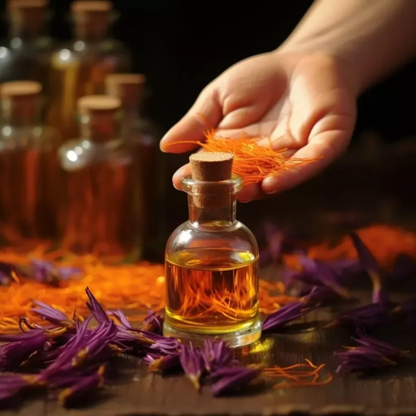 Flacon avec de l'huile essentielle 100 % naturelle de safran, contenance 10 ml.