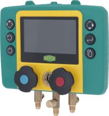 Digitale Manometer REFMATE-2-BASIC, grénggielt Gehäus mat engem Display, engem bloen a roude Bedéngungsrad a Messing-Uschlëss.