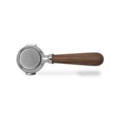 The Ascaso Profi bottomless portafilter in walnut colour is made of stainless steel, perfect for baristas who want excellent espresso extraction.