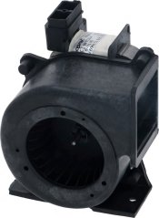 Radialventilator mat schwaarzem, rondem Plastikskierper, eckegem Loftausgank an engem Stecker uewen Radialventilator mat schwaarzem, rondem Plastikskierper, eckegem Loftausgank an engem Stecker uewen