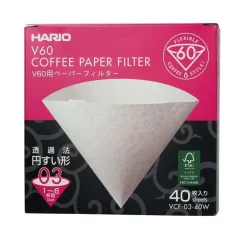 Original packaging of Hario V60-03 paper coffee filters on a white background.