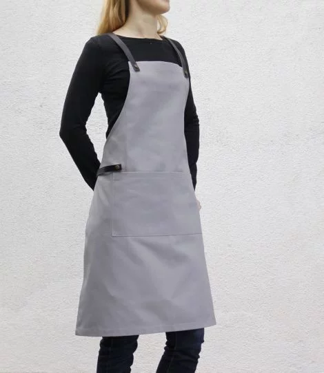 Gray barista apron with pockets, side view