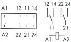 Uschloossschema vum selwechte Relais mat véier Kontakter an enger Spull mat der Bezeechnung A1–A2. Uschloossschema vum selwechte Relais mat véier Kontakter an enger Spull mat der Bezeechnung A1–A2.