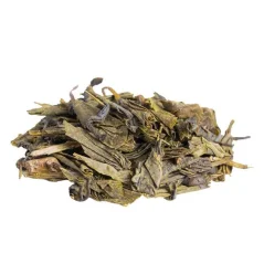 Izkaisīta zaļā tēja China Sencha Special BIO uz balta fona, skats no malas Izkaisīta zaļā tēja China Sencha Special BIO uz balta fona, skats no malas