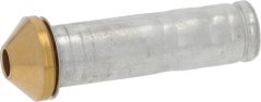 Messing-Kegeldüs Danfoss 03 op enger Aluminium-Réierhülls, vun der Säit gesinn. Messing-Kegeldüs Danfoss 03 op enger Aluminium-Réierhülls, vun der Säit gesinn.