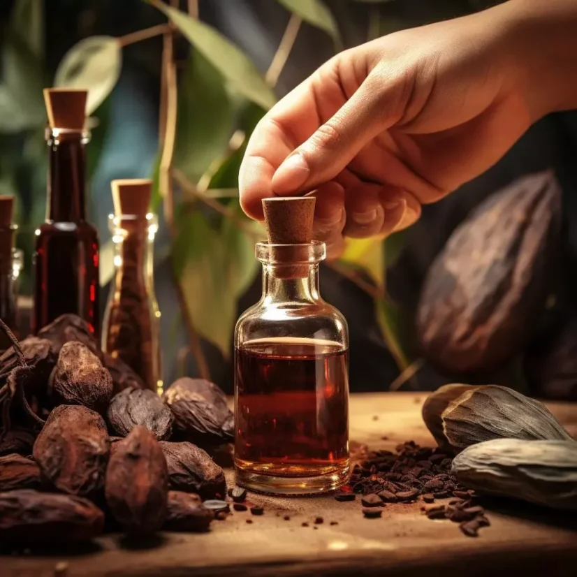 Flacon en verre de 10 ml d'huile essentielle 100% naturelle de cacao, aux effets apaisants.