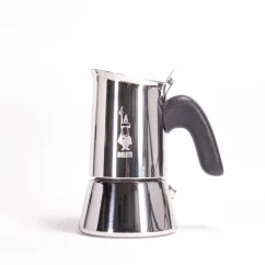 Silver Bialetti New Venus moka pot for 2 cups with a black handle