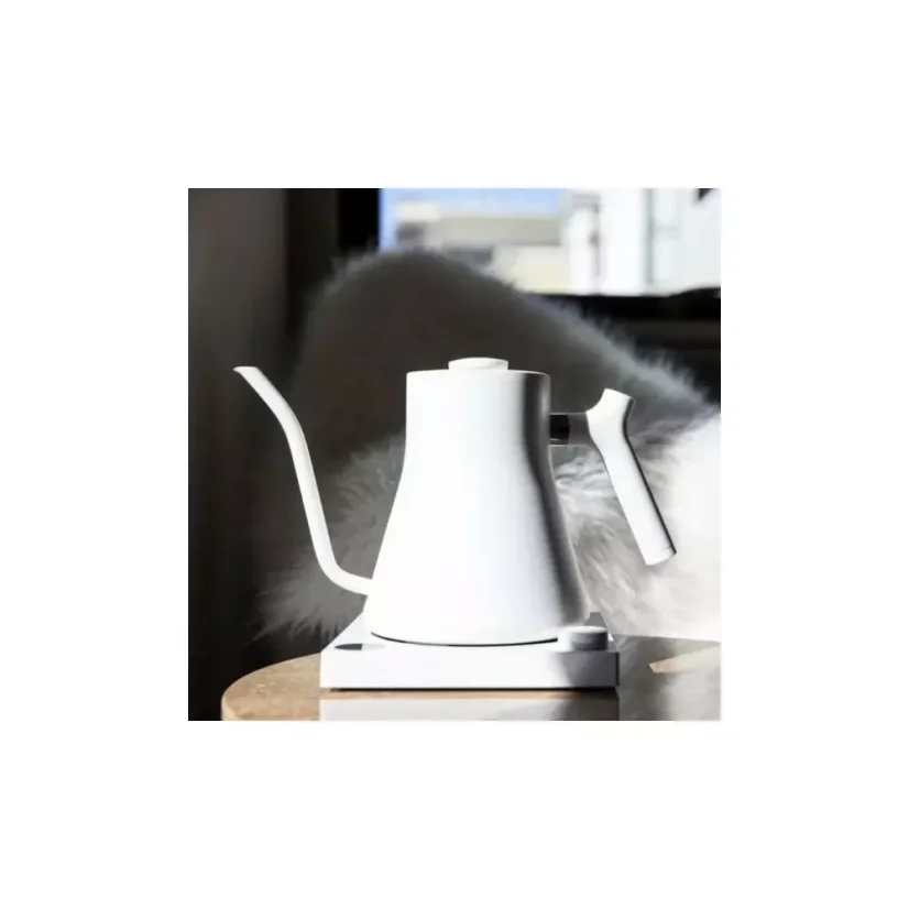 The Fellow Stagg EKG electric kettle in white features an LCD display, making it easy to control and monitor the temperature.