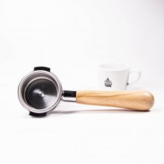 Portafilter naked 58 mm with wooden handle olive and coffee cup.