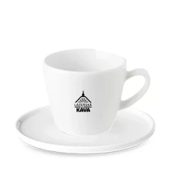 Taza y platillo de porcelana blanca, capacidad de 140 ml.