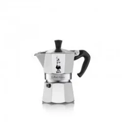 Classic silver Bialetti Moka Express coffee maker for brewing up to 4 cups of coffee.