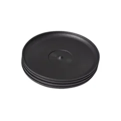 Eco-friendly black saucer Huskee 4 pieces stacked on top of each other on a white background, top view