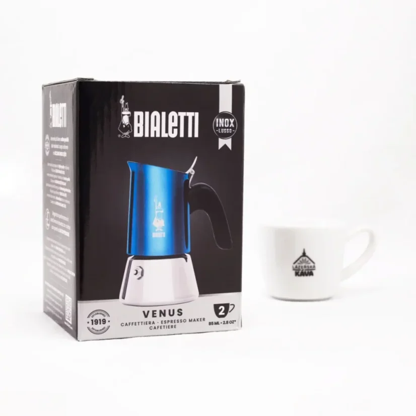 Original packaging of Bialetti New Venus Blue for 2 cups.