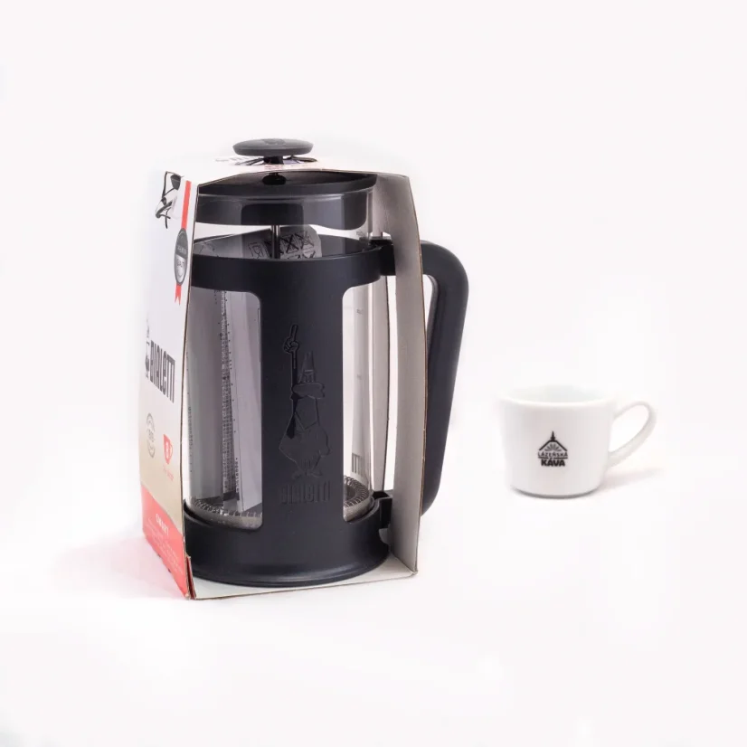 Schwarze French Press Bialetti Smart mit einem Volumen von 1000 ml und doppelwandiger Konstruktion für eine bessere Temperaturerhaltung des Getränks.