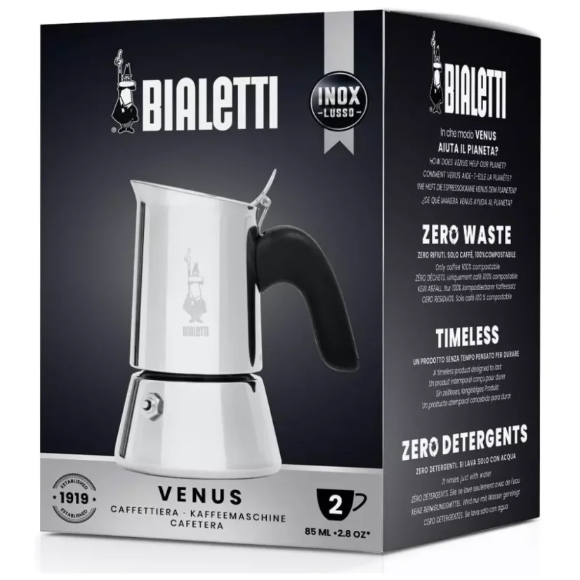 Bialetti New Venus 2 Tassen ist eine elegante Moka-Kanne aus hochwertigem Edelstahl, die Langlebigkeit und einfache Pflege garantiert.