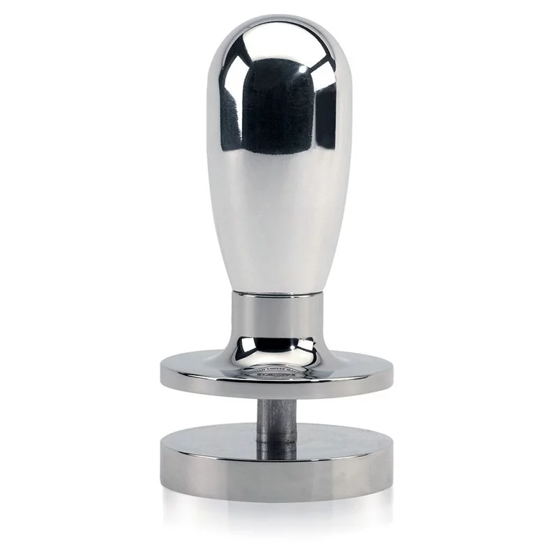 Silver tamper with pressure adjustment for coffee in ECM portafilter.