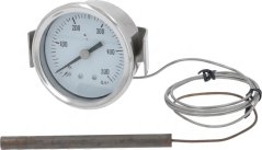 Wäisse Fernthermometer mat enger Metallklamm, enger Skala vun 0 bis 500 °C an enger laanger Kapillare mat enger Sond. Wäisse Fernthermometer mat enger Metallklamm, enger Skala vun 0 bis 500 °C an enger laanger Kapillare mat enger Sond.
