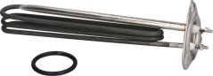 Heizelement a Form vun engem gewellte Röhr mat engem ronne Montageflansch, zwee Stëfter an engem schwaarze Dichtungsring niewendrun Heizelement a Form vun engem gewellte Röhr mat engem ronne Montageflansch, zwee Stëfter an engem schwaarze Dichtungsring niewendrun